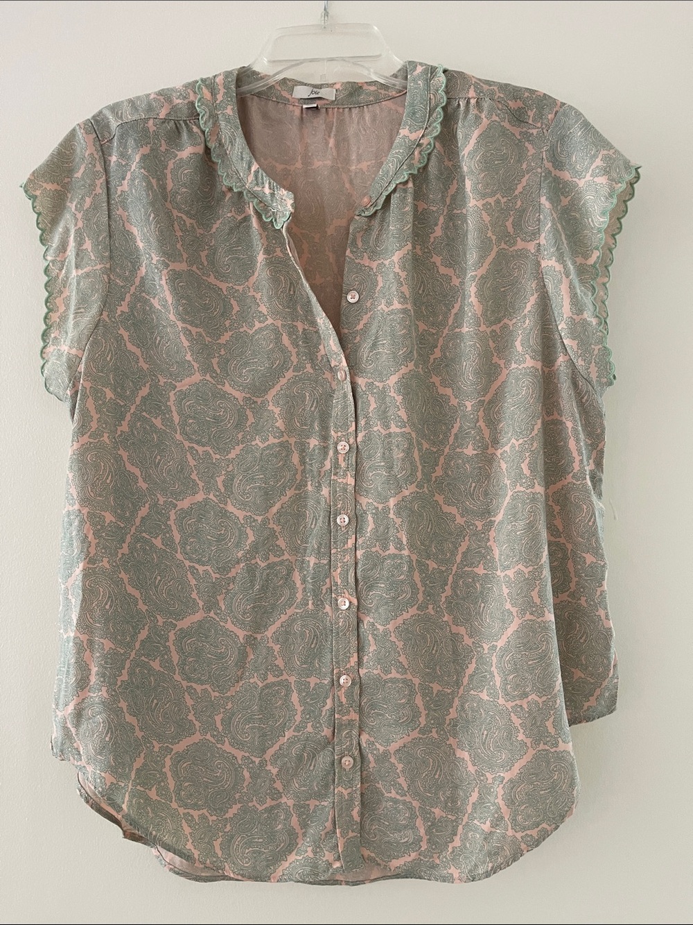 Joie Sage Green and Light Peach Paisley Button-Front Blouse